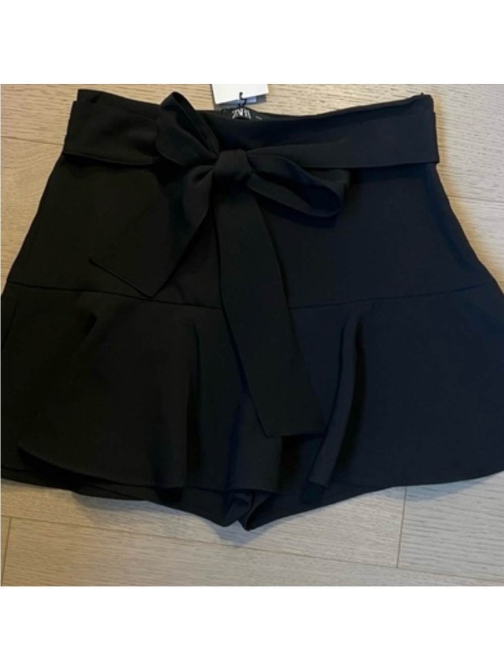 Black High-Waist Tie-Belt Ruffle Shorts